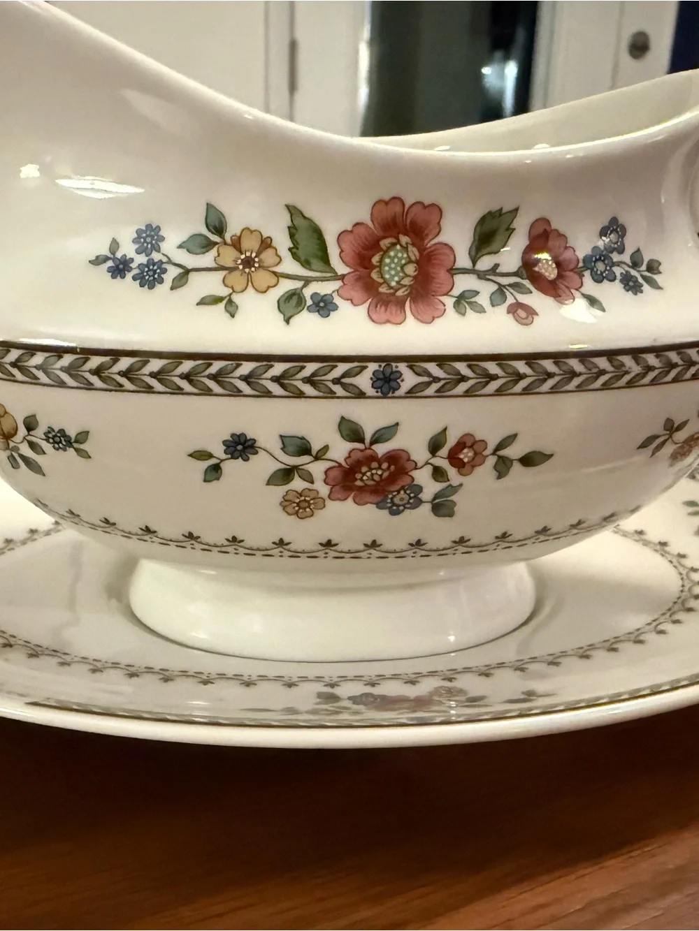 Royal Doulton White Gravy Boat and Platter with Red and Green Floral Motif